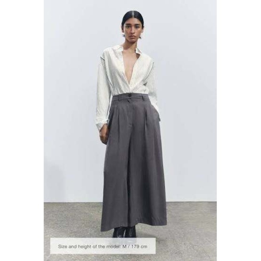 Zara Wide Leg Pants Women Large Charcoal Grey Pleated High Waist 7149/056/802/L